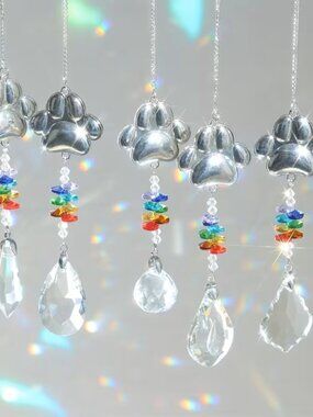 SET of 5 Dog Paw and Cat Paw Print Crystal Pendant -Pet Memorial Gift-Suncatcher